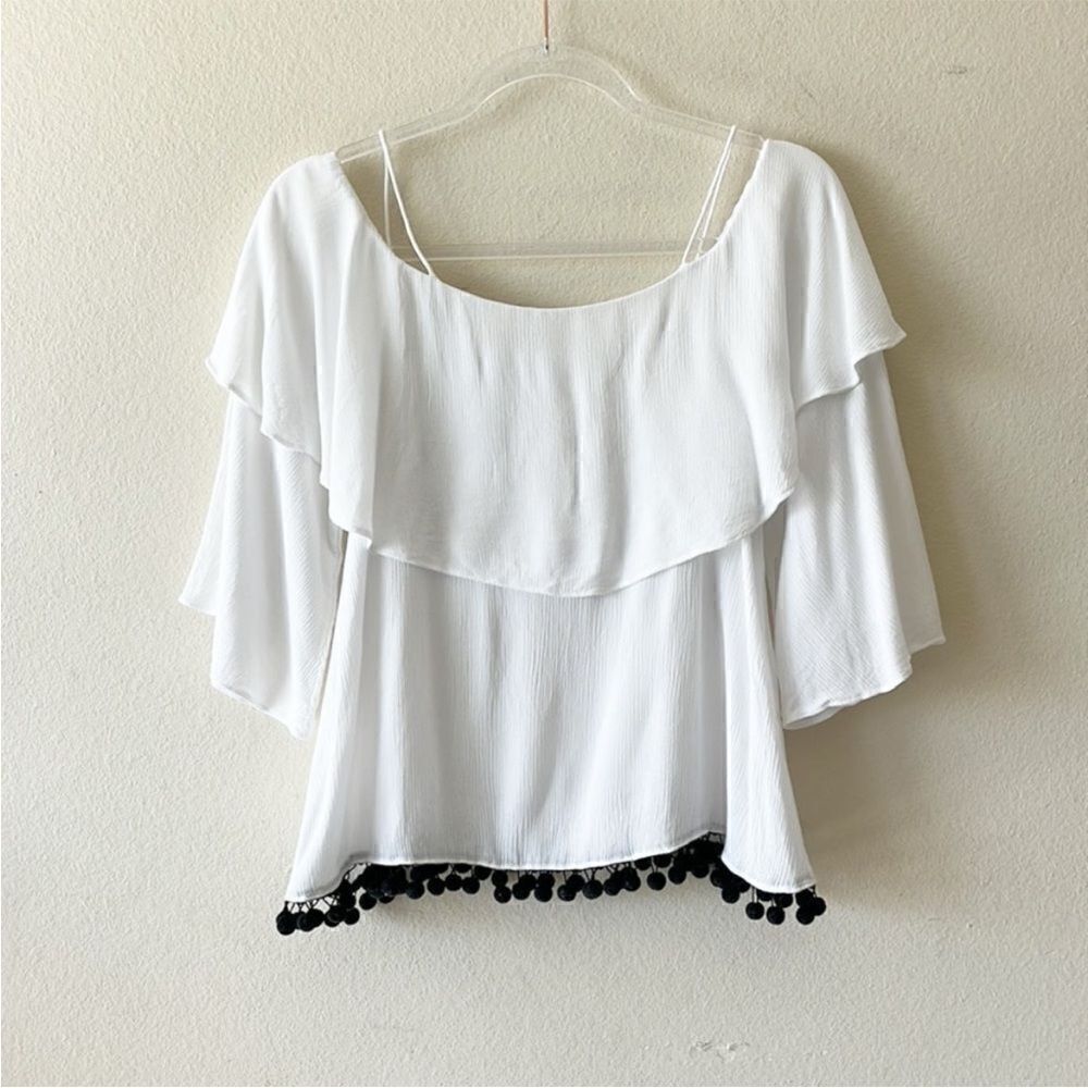 Alice + Olivia Meagan White Off The Shoulder Ruffle Pom Pom Trim Top
